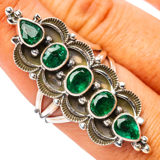 Sterling silver emerald ring with faceted green teardrop stones, size 7.75