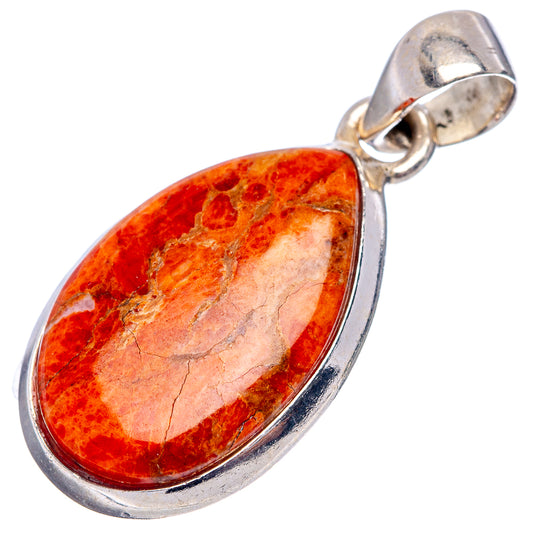 Sterling silver coral pendant, teardrop orange stone with silver bezel and bail