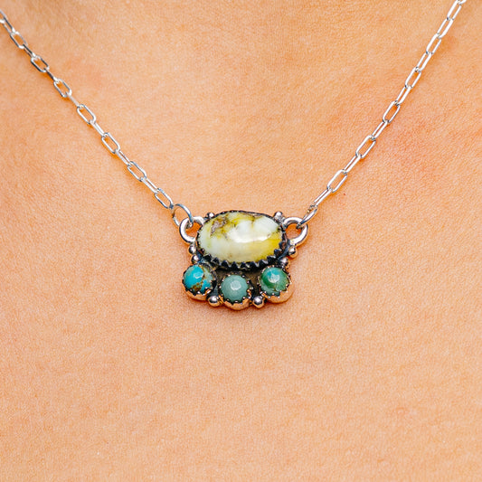 Turquoise inlay sterling silver necklace with oval white center and green accents