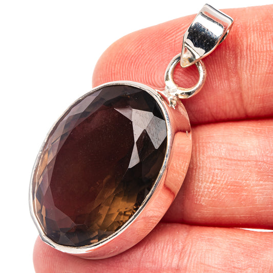 Oval smoky quartz pendant, .925 sterling silver bezel, loop bail, faceted dark stone