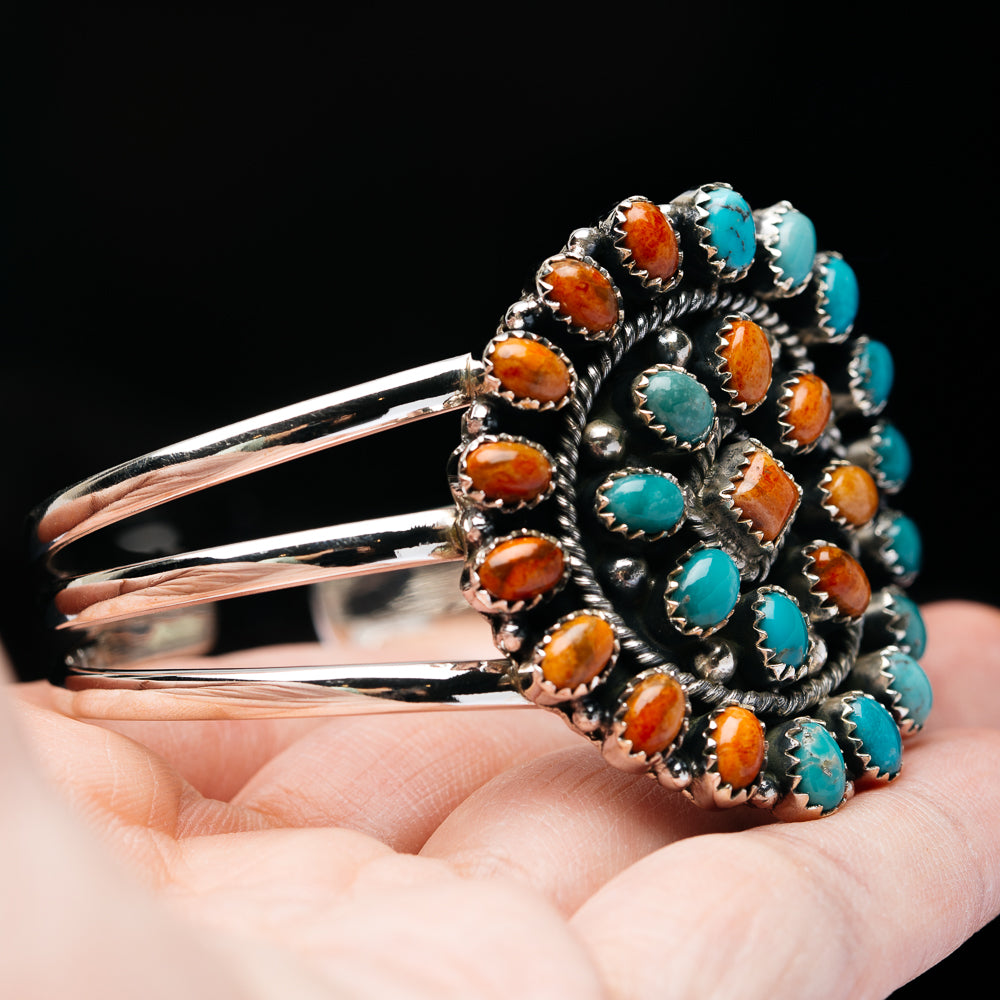 Premium Kingman Turquoise, Sponge Coral Cuff Bracelet Adjustable (.925 Sterling Silver)