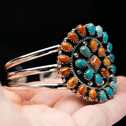 Premium Kingman Turquoise, Sponge Coral Cuff Bracelet Adjustable (.925 Sterling Silver)