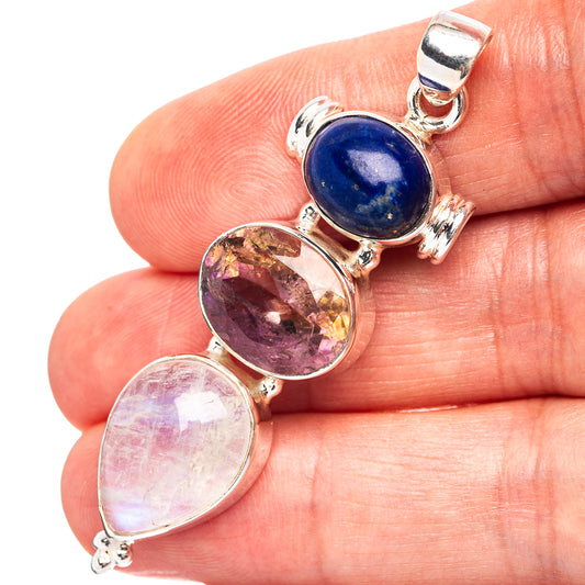 925 sterling silver three-stone drop pendant with blue lapis and pink/purple gemstones