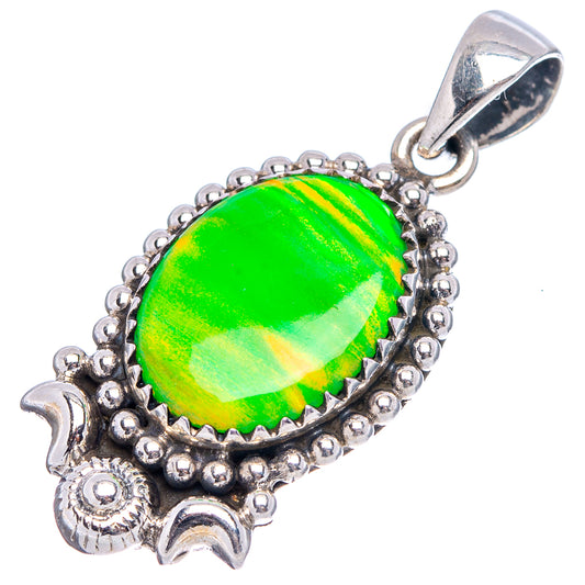 Sterling silver opal pendant with bright green oval cabochon and ornate border