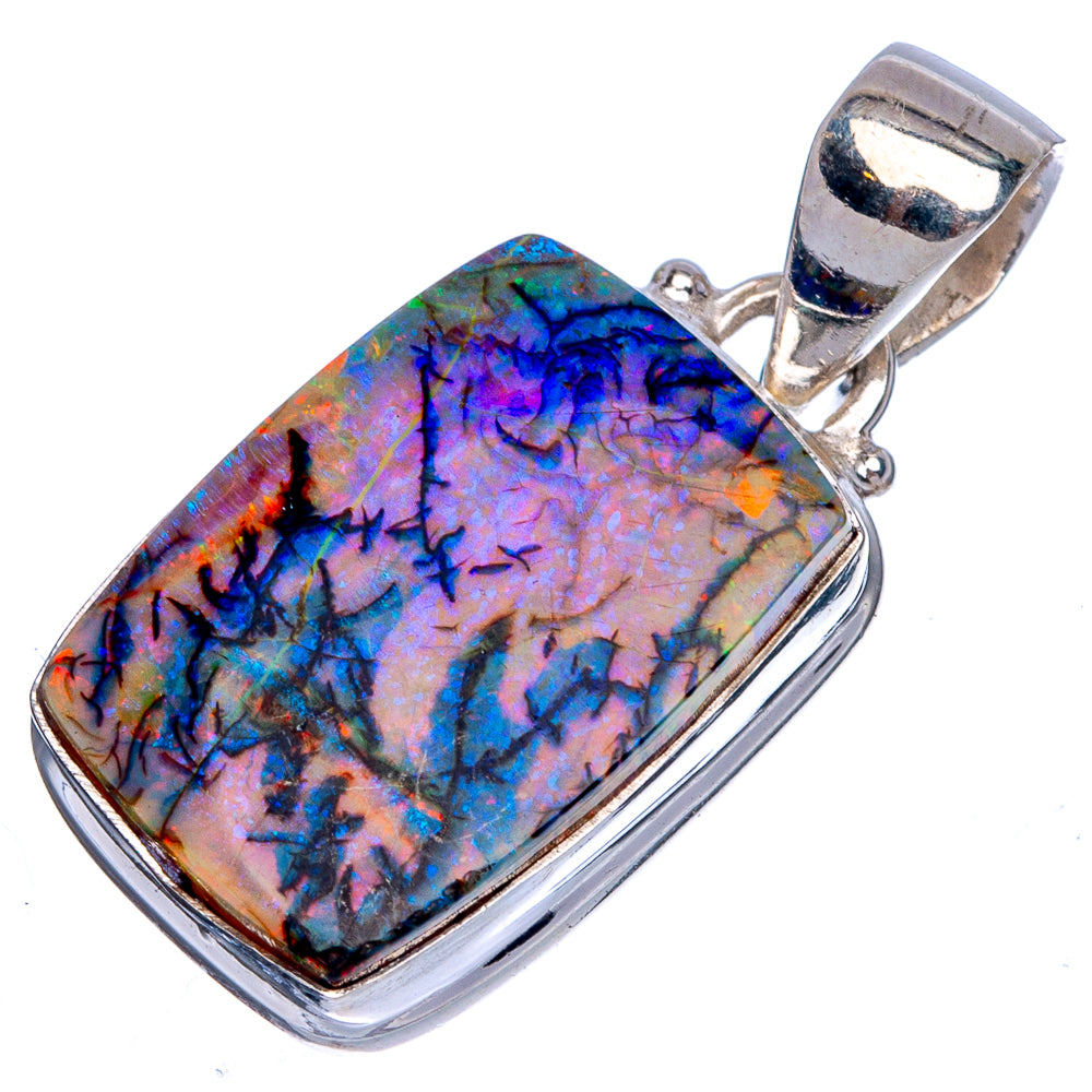 Sterling silver opal pendant with rectangular rainbow-blue stone and top bail