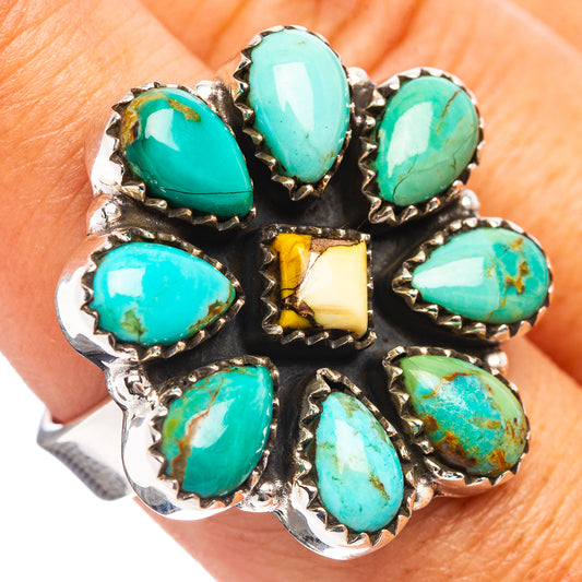 Turquoise oval stone flower ring in .925 sterling silver, adjustable band