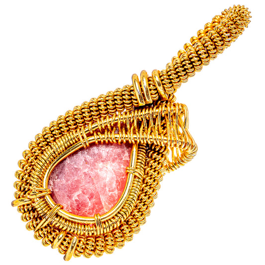 Gold-plated wire wrap teardrop pendant with pink rhodochrosite cabochon stone