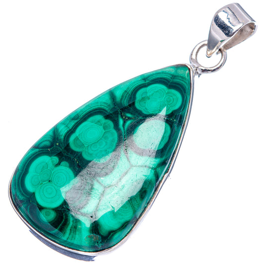 Green malachite teardrop pendant in .925 sterling silver bezel with bail loop
