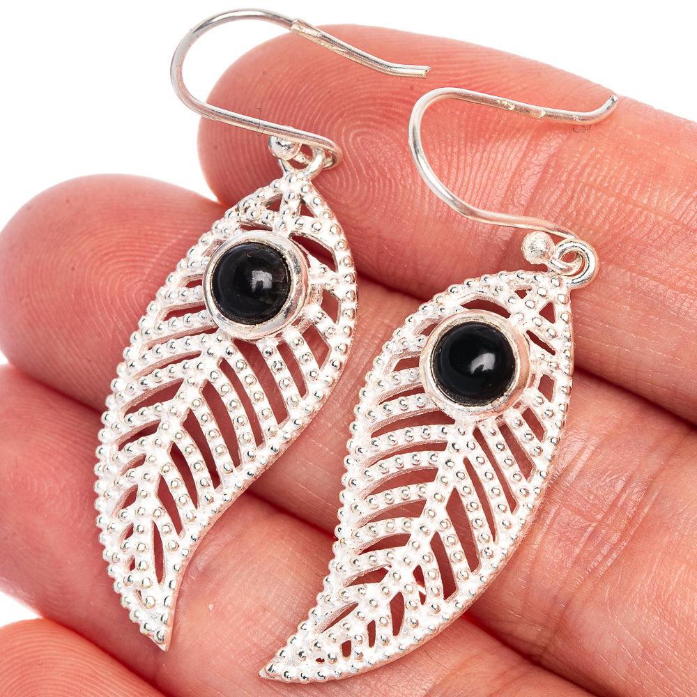 Black Onyx Leaf Earrings 1 7/8" (925 Sterling Silver) E1064