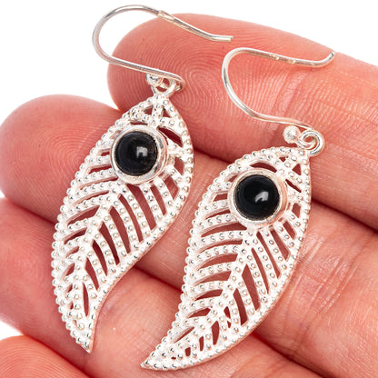 Black Onyx Leaf Earrings 1 7/8" (925 Sterling Silver) E1064