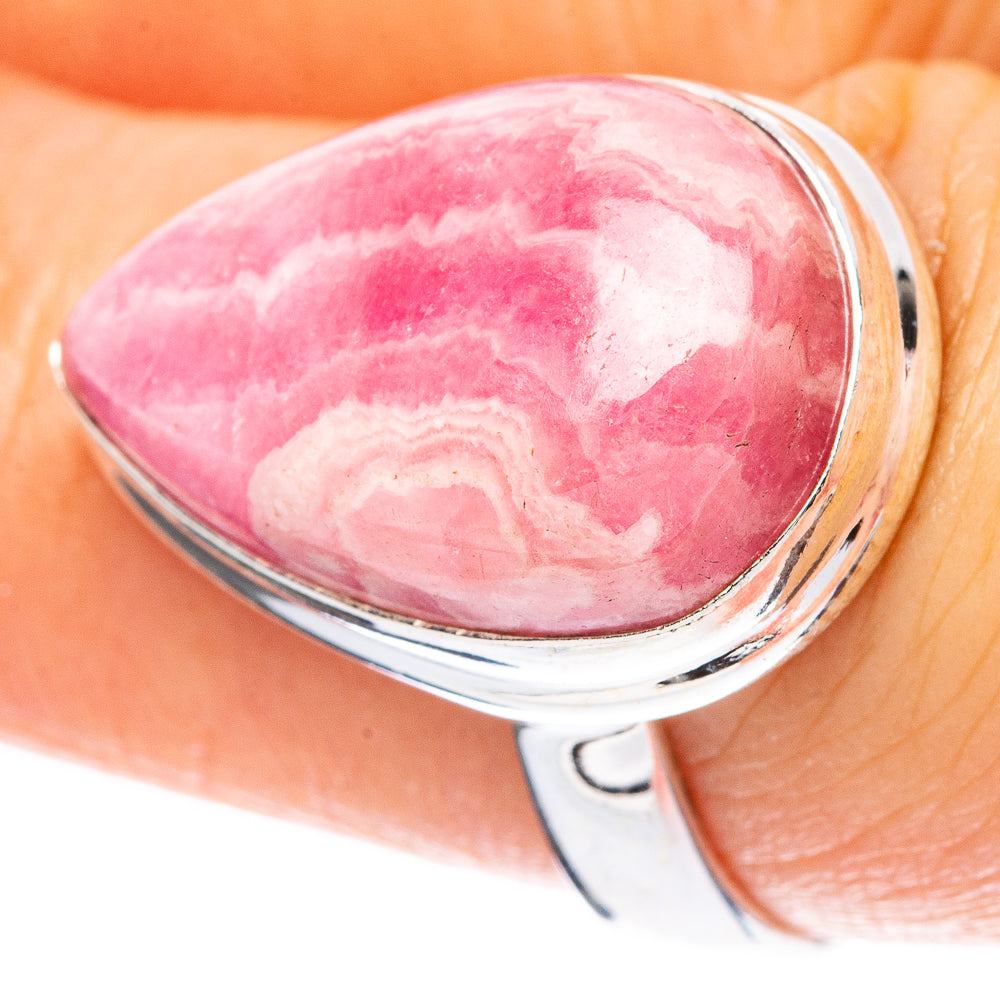 Size 7 rhodochrosite ring in 925 sterling silver with pink oval cabochon