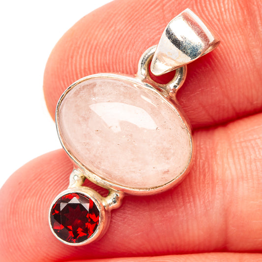 Oval pink morganite pendant with red round garnet, .925 sterling silver setting