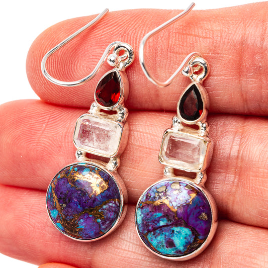 Sterling silver drop earrings with round purple-blue stone and red teardrop accents