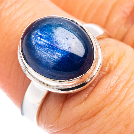 Sterling silver kyanite cabochon ring, oval blue stone in bezel, size 6.75