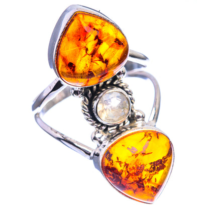 Large Baltic Amber, Rainbow Moonstone Ring Size 9 (925 Sterling Silver) R142366