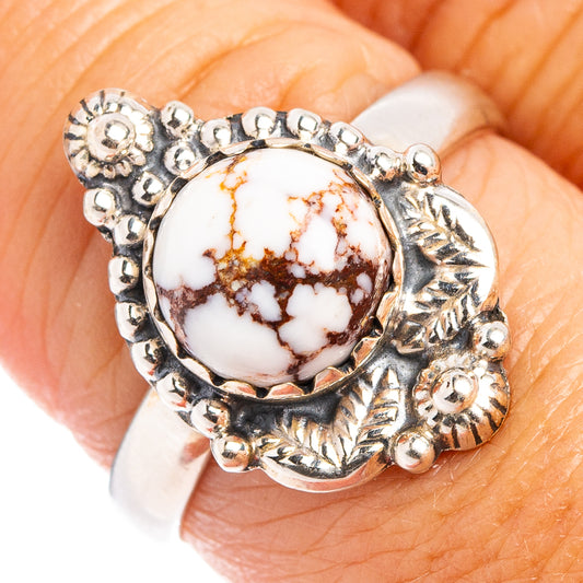 Sterling silver ring with round white jasper stone, ornate bead setting, size 7.75