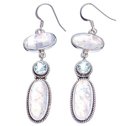 Signature Rainbow Moonstone, Blue Topaz Earrings 2 1/2" (.925 Sterling Silver)