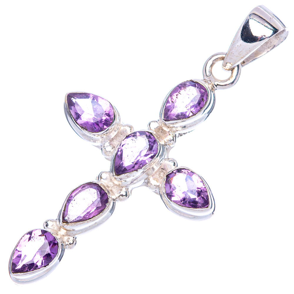 Sterling silver amethyst cross pendant with faceted pear stones and loop bail, front view