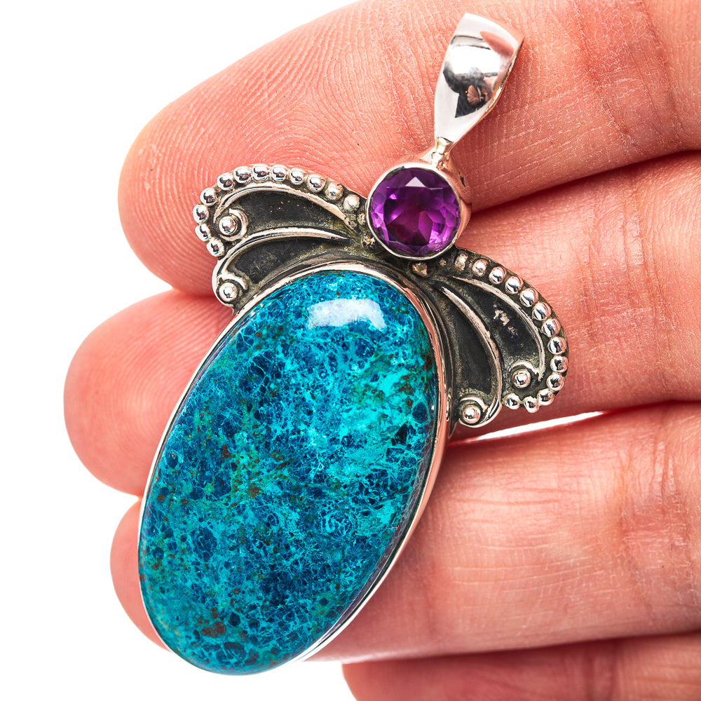 Premium Southwestern Style Shattuckite, Amethyst Pendant 2" (.925 Sterling Silver)