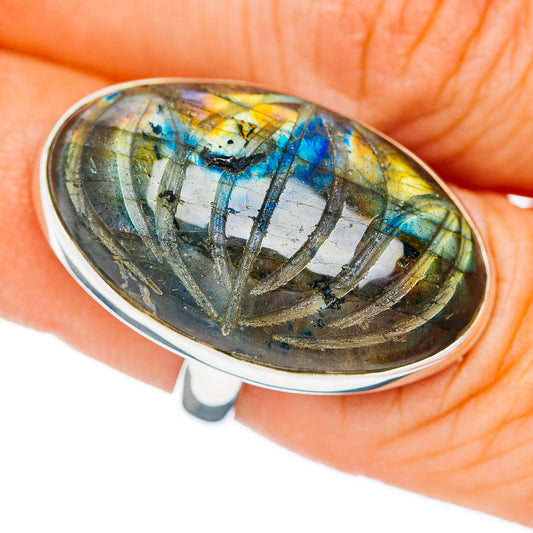 Premium Hand Carved Labradorite Ring Size 6.5 Adjustable (.925 Sterling Silver)