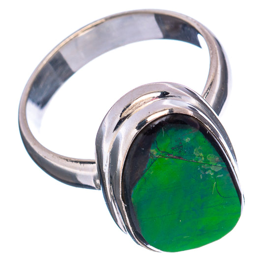 Sterling silver ammolite ring, raised green oval gemstone in bezel, side view, size 6