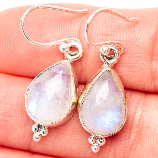 Sterling silver teardrop moonstone earrings with rainbow iridescence and hook backs