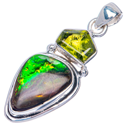 925 sterling silver ammolite pendant with oval iridescent stone and green top crystal