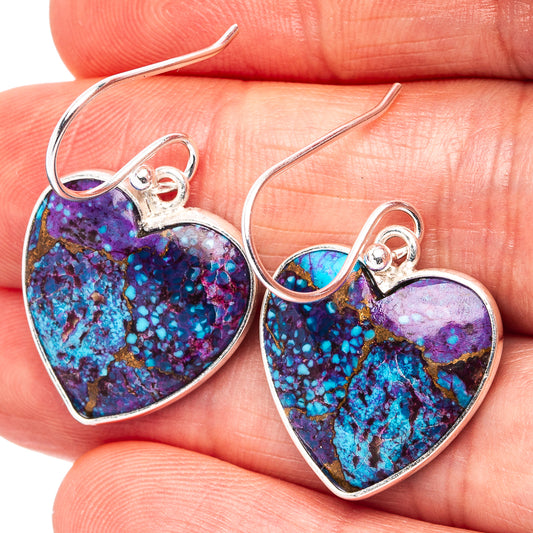 Sterling silver heart earrings with purple and turquoise speckled mosaic inlay and curved hooks