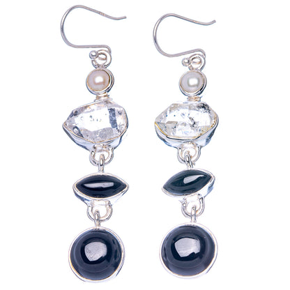 Black Onyx, Herkimer Diamond, Cultured Pearl Earrings 2 3/8" (925 Sterling Silver) E1590