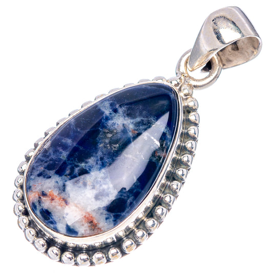 Sterling silver teardrop sodalite pendant with open bail, beaded frame, dark blue stone