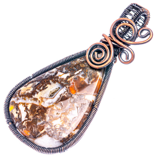 Oxidized copper wire-wrapped tube agate pendant, teardrop stone with black and tan veining