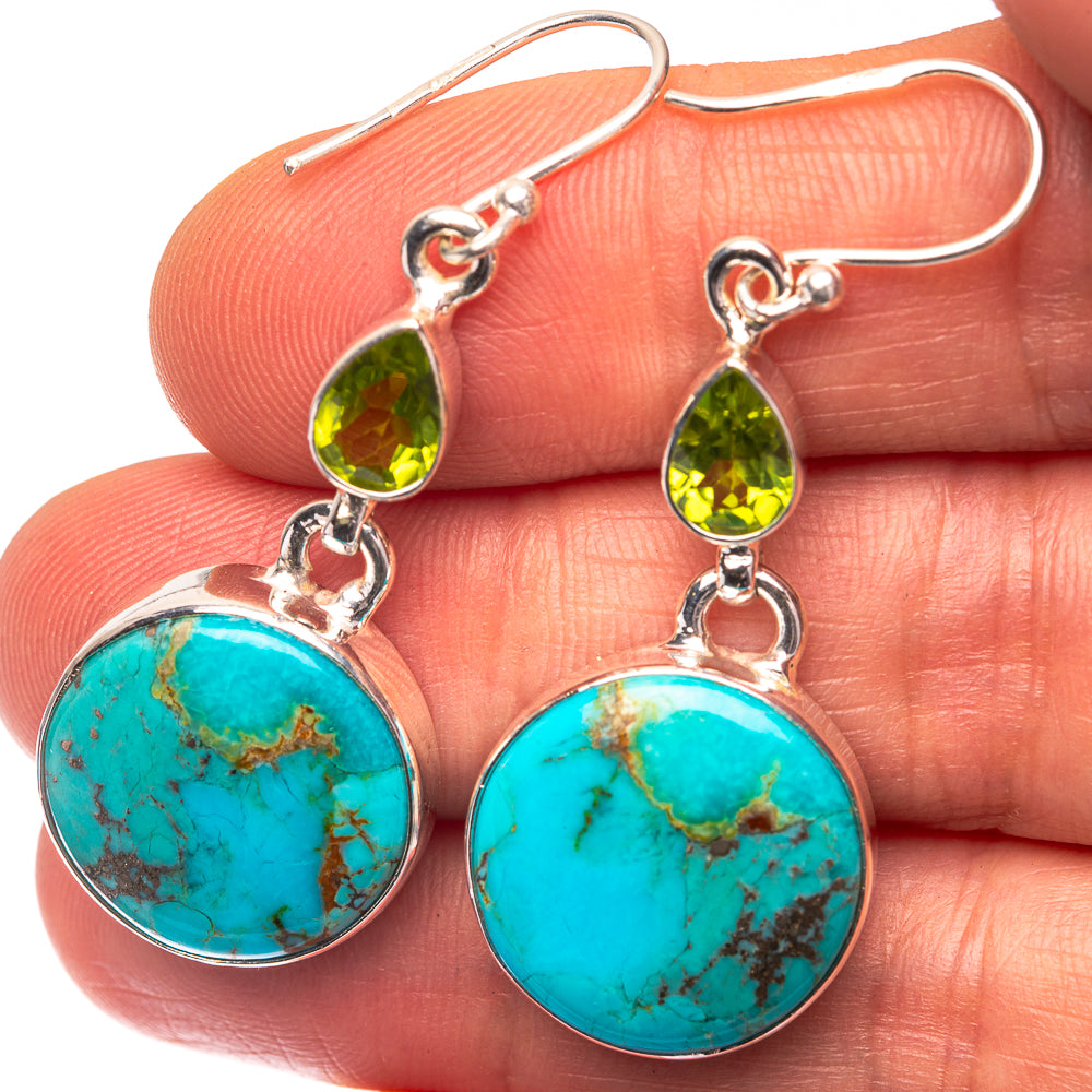 Turquoise and green teardrop drop earrings with 925 silver hooks, round turquoise stones