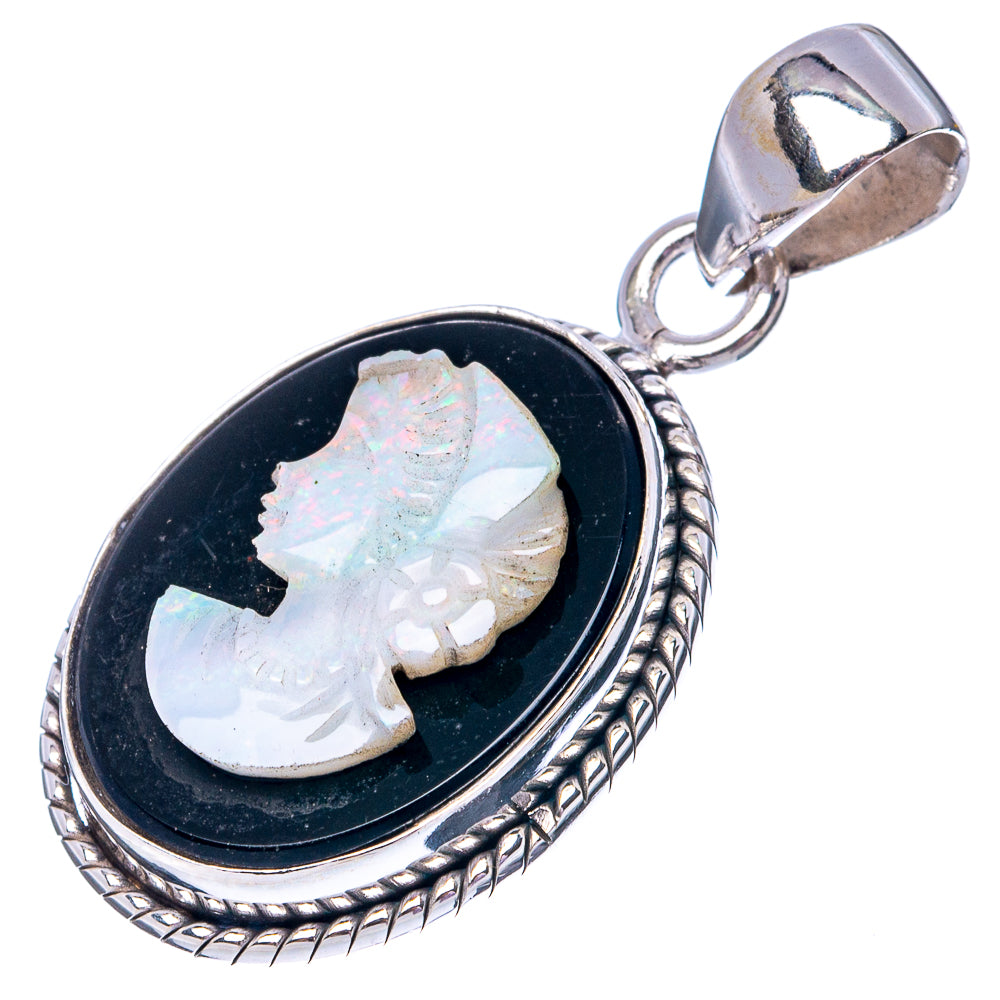 Sterling silver opal cameo pendant, oval black setting with lady profile cameo