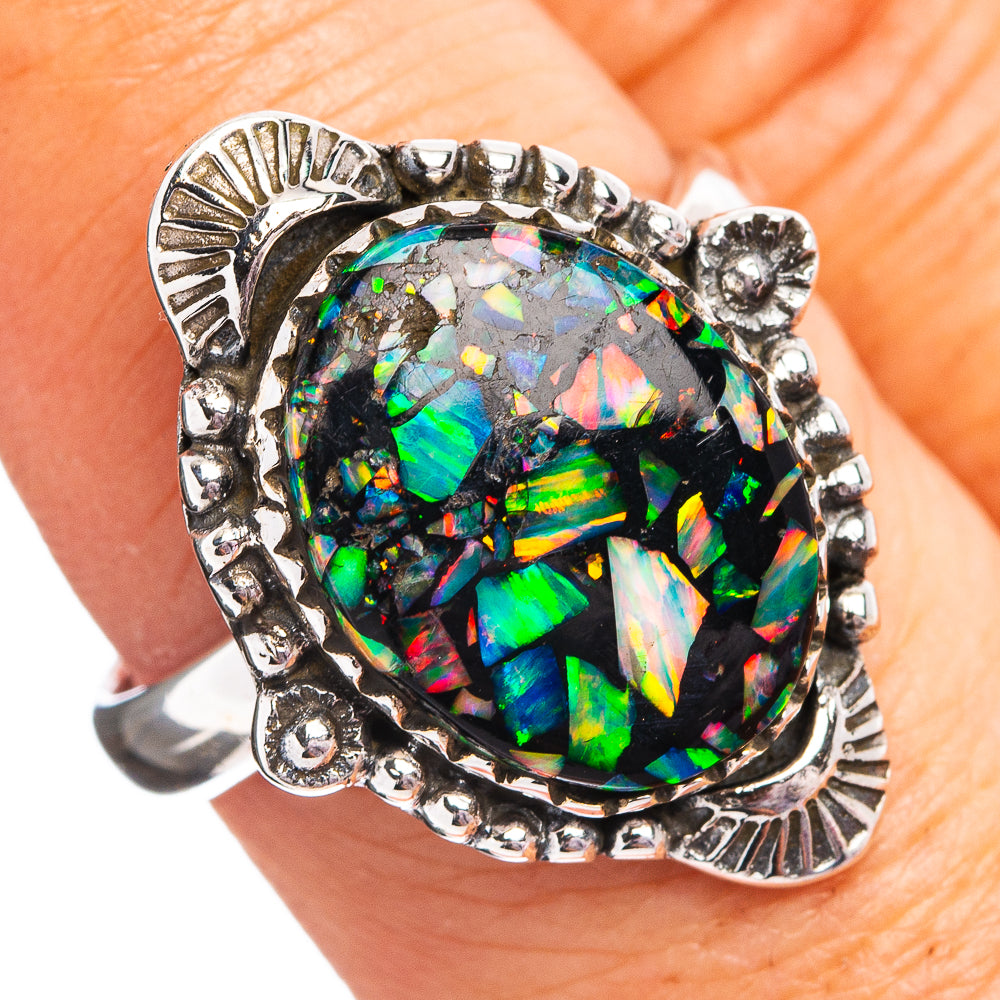 Southwestern Style Mosaic Opal Ring Size 8 Adjustable (.925 Sterling Silver)