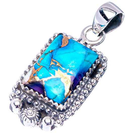 Sterling silver turquoise pendant with blue gemstone and hanging bail, ornate border