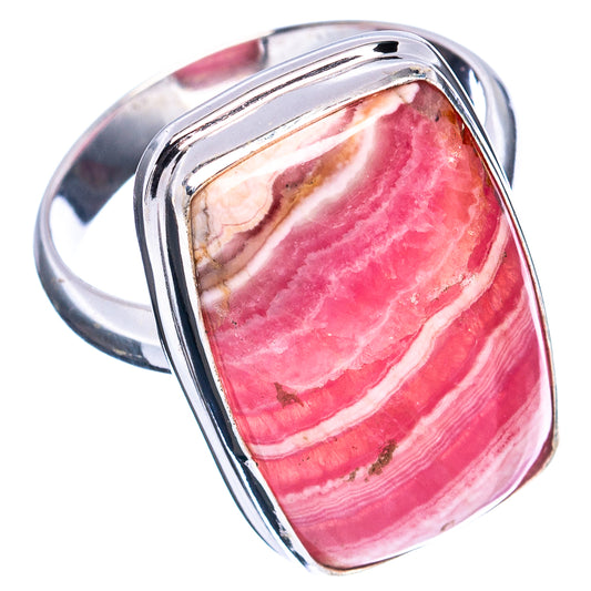 Rhodochrosite cabochon ring in .925 sterling silver, pink striped stone in bezel mount