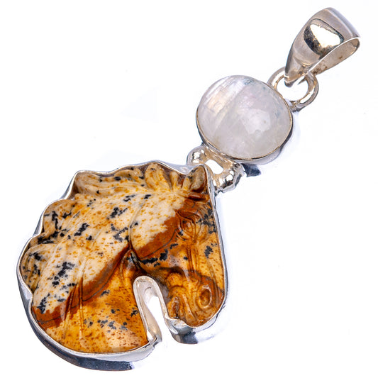 Horse pendant with moonstone cabochon and picture jasper inlay, silver bail loop