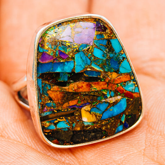Turquoise multi-color mosaic inlay sterling silver ring, oval top view, close-up