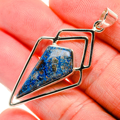 Sterling silver geometric pendant with blue shattuckite stone, triangular frame