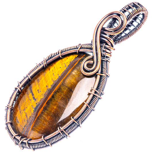 Oxidized copper wire-wrap pendant with oval tiger eye stone and arched bail