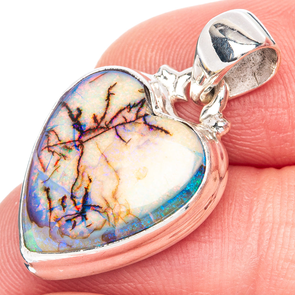 Rare Sterling Opal Heart Pendant 1 1/8" (925 Sterling Silver) P41983