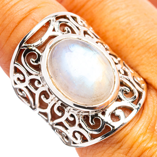 Iridescent moonstone cabochon oval sterling silver filigree ring