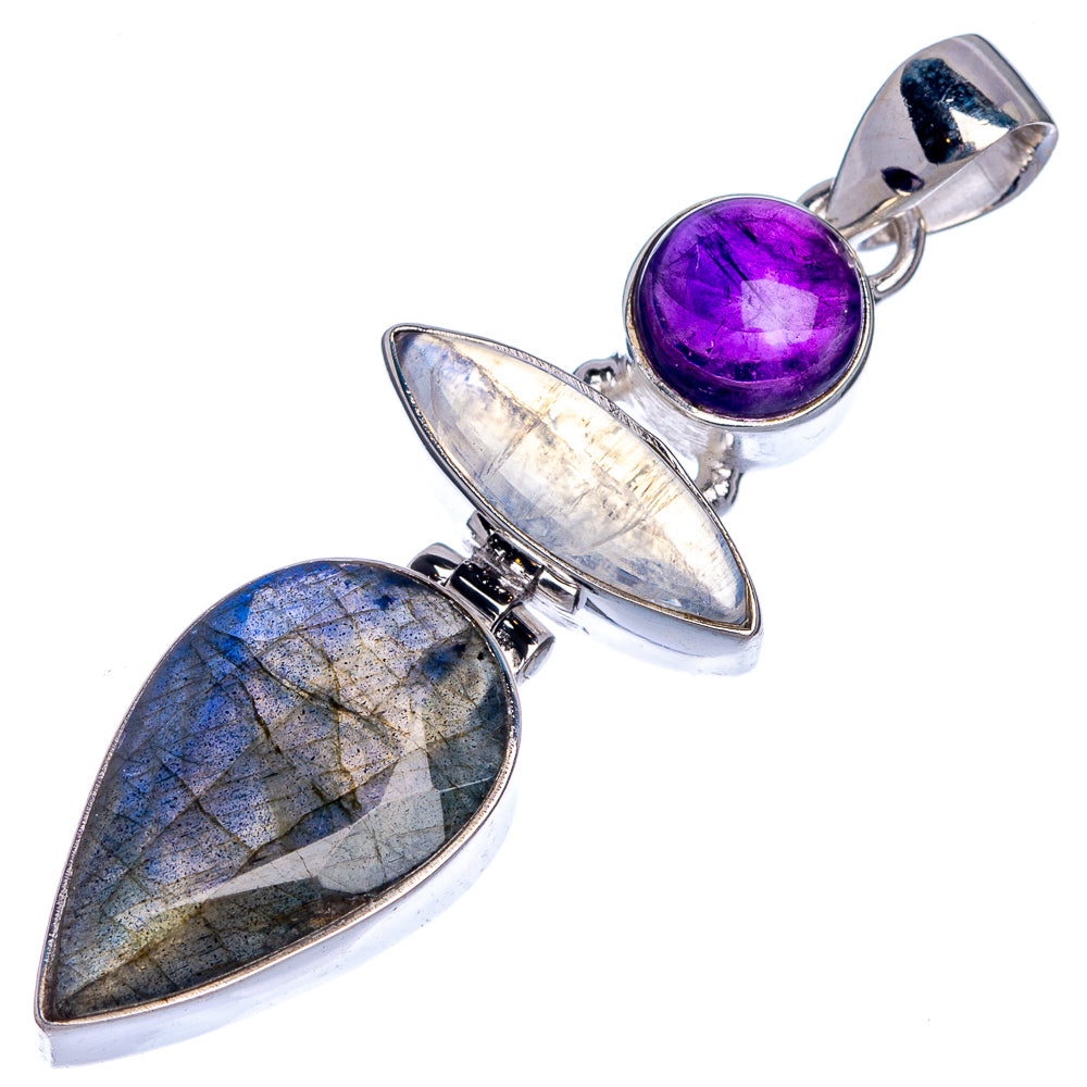 925 silver pendant with amethyst round, labradorite oval, and moonstone drop