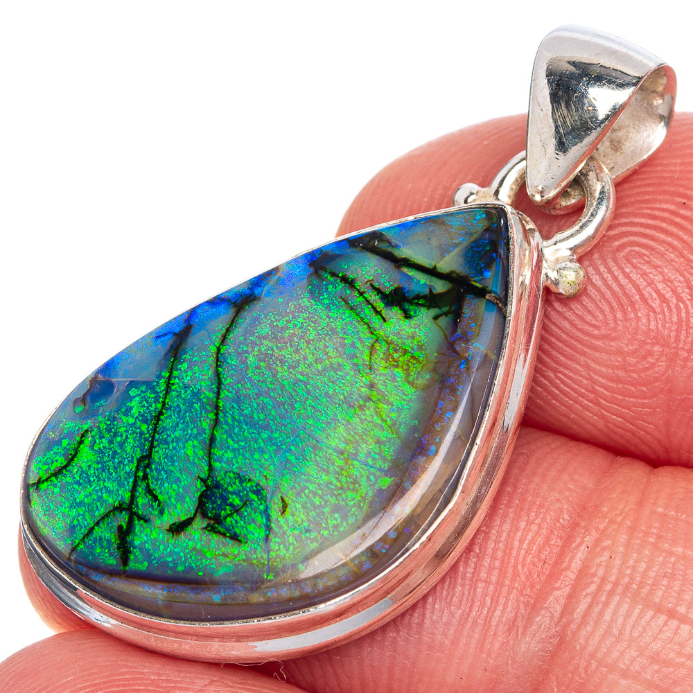 925 sterling silver opal pendant, teardrop bezel with green-blue iridescent stone