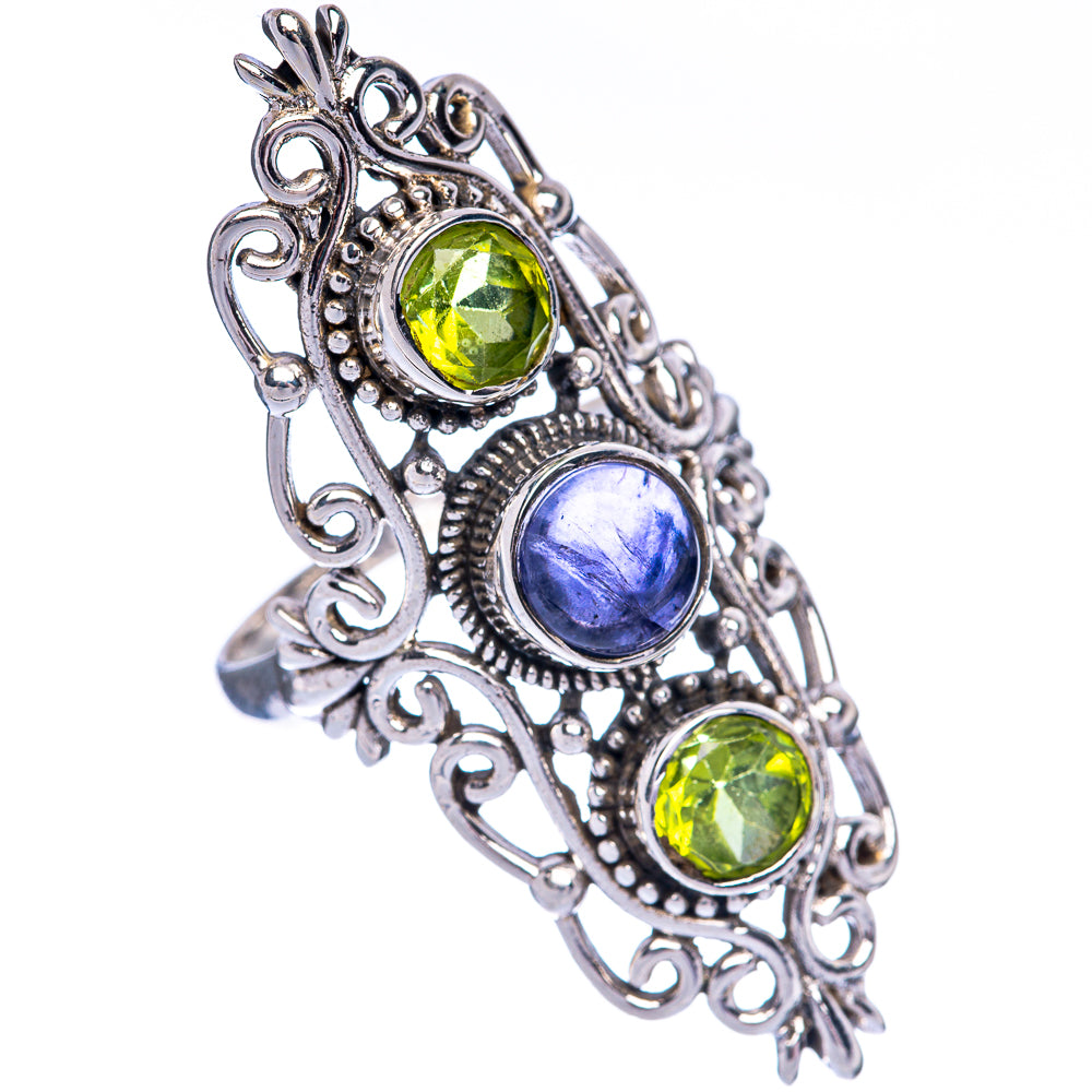 Sterling silver ring, size 9.5, filigree setting with green and blue oval gemstones