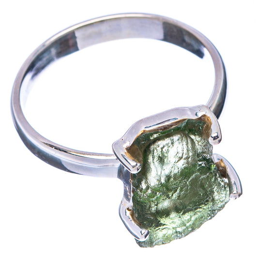 Moldavite stone ring in .925 sterling silver with open band and three prongs