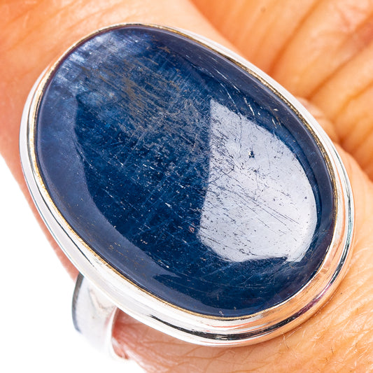 Kyanite ring, size 9, blue oval cabochon with .925 sterling silver bezel band