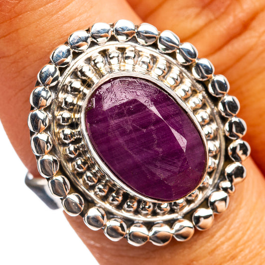 Oval purple ruby-style gemstone sterling silver ring with beaded halo border