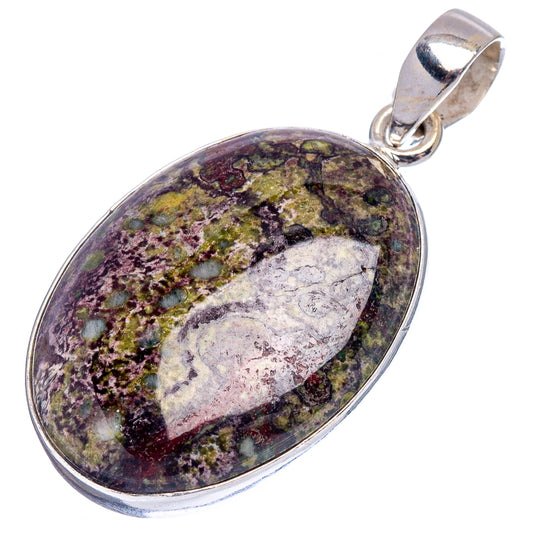 Oval dragon's blood stone pendant with .925 sterling silver bail, mottled green and purple.