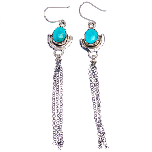 Turquoise oval dangle earrings in .925 sterling silver with long chain tassels
